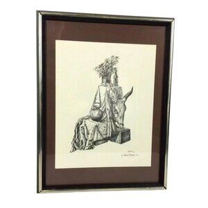 Katie Redel Pen Ink Drawing Southwestern Still Life Pottery Cow Skull Framed